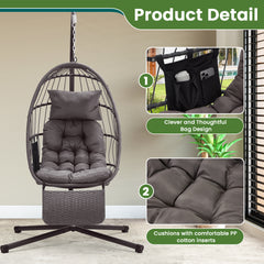 EROMMY Rattan Swing Egg Chair with Adjustable Foot Rest with Grey Cushions for Patio, Balcony, Garden