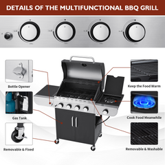 EROMMY 4 Burner BBQ Grill Gas, 42,000 BTU Propane Gas Grill, Stainless Steel Patio Garden Barbecue Grill with Side Table and Stove