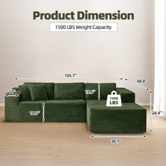 EROMMY 106 inch Cloud Sectional Couch with Chaise Lounge for Living Room, Corduroy Fabric, Green