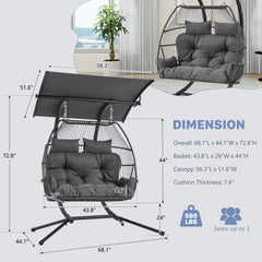 EROMMY Double Egg Chair with Canopy, Comfortable Woven Rattan Base with Thick UV Resistant Cushions and Metal Frame, Porch Swing Loveseat for Backyard