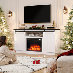 EROMMY 63 Inch Fireplace TV Stand with Electric Fireplace, Sliding Barn Doors, LED Flame Effect, Bright White