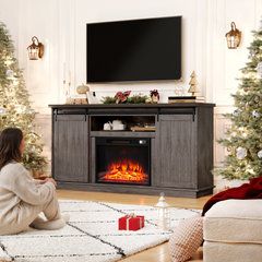 EROMMY 63 Inch Fireplace TV Stand with Electric Fireplace, Sliding Barn Doors, LED Flame Effect, Teak