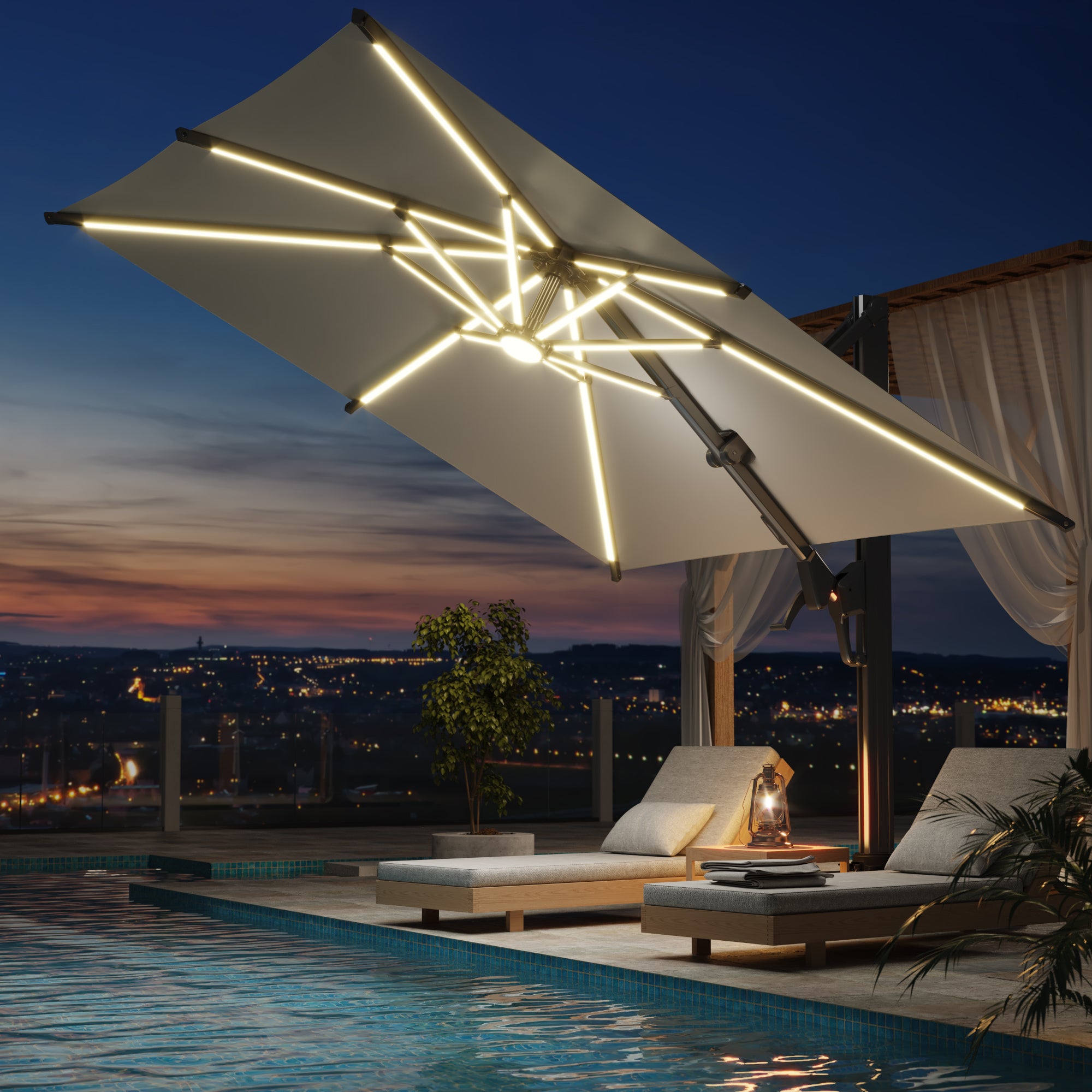 EROMMY 10 X 10 Cantilevered Umbrella with LED Lights - Brown