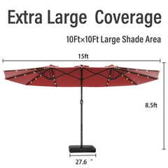 EROMMY15ft Large Double-Sided Patio Umbrella with Solar LED Lights, Outdoor Crank System, and Base – Perfect for Garden, Deck, Poolside