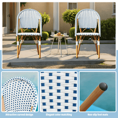 EROMMY Outdoor French Bistro Chair Set of 4, Wicker Patio Dining Chairs with Print Finish, Blue&White