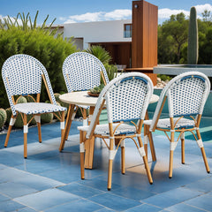 EROMMY Outdoor French Bistro Chair Set of 4, Wicker Patio Dining Chairs with Print Finish, Blue&White