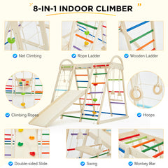 EROMMY 8-in-1 Wooden Climbing Toys, Indoor Playground Jungle Gym, Kids Playground Climbing Gym for Toddlers, with Slide, Monkey Bar, Swing, Wood & Rope Ladder