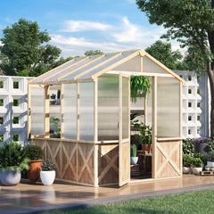 EROMMY 8Lx7.4W×8.5H FT Spruce Wooden Greenhouse for Outdoors, Polycarbonate Walk-in Greenhouse Kit for Winter, Cold Weather Cedar Greenhouse with UV Protection