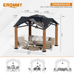 EROMMY 12' x 12' Hardtop Gazebo, Outdoor Thicker Wood Looking Aluminum Gazebos with Ventilated Galvanized Steel Roof for Patio, Backyard and Lawns