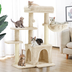 Erommy 33in Castle Condo, Scratching Post, Cat Tree, Crinkle Toy, Beige