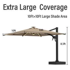 EROMMY 10x10ft Large Rectangular LED Cantilever Umbrella with 360° Rotation & 6 Adjustable Heights, Outdoor Patio Umbrella with Lights for Garden, Pool, Deck