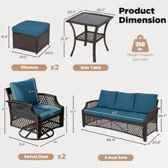 EROMMY 3 Piece Patio Furniture Set, Outdoor Wicker Ottoman & Coffee Table Set, 2 Cushioned Footrests with 1 Patio Side Table (Turquoise)