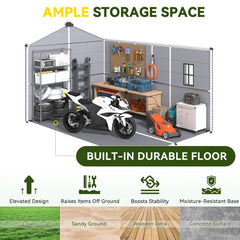 8x12 FT Outdoor Storage Shed, Weather-Resistant Shed with Lockable Double Doors & Built-In Floor, Sloped Roof Outdoor Shed for Backyard, Patio & Lawn, Gray