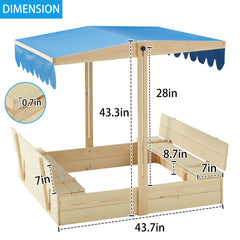 EROMMY Kids Wooden Outdoor Sandbox with UV50 Sun/Sand Protection Liner Function Canopy, 2 Foldable Bench Seats, Height Adjustable Roof