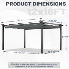 EROMMY Retractable Pergola 12x16 Ft, Outdoor Aluminum Shelter with Dual Adjustable Sun Shade Canopy for Patio Backyard, Locking System Includes Straps & Screws (Gray)