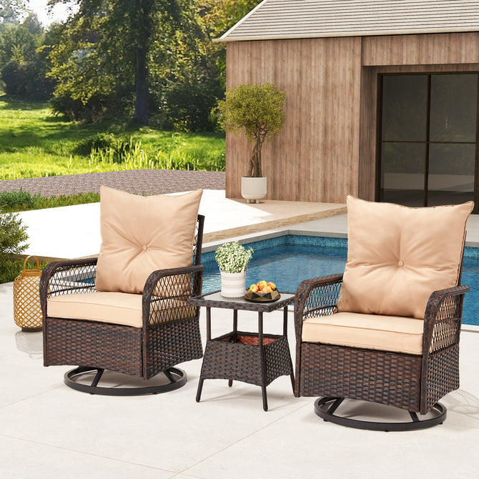 EROMMY 3 Pieces Patio Swivel Rocker Rattan Chairs, Outdoor Swivel Rocking Chairs with 1 Rattan Coffee Table, Beige-Erommy
