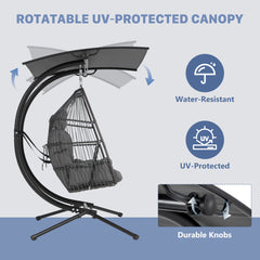 EROMMY Double Egg Chair with Canopy, Comfortable Woven Rattan Base with Thick UV Resistant Cushions and Metal Frame, Porch Swing Loveseat for Backyard