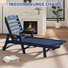 EROMMY 22" W Oversized Chaise Lounge Chairs, Adjustable HDPE Outdoor Chairs with Wheels & Cup Holder, Navy Blue