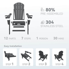 EROMMY 3-Level  Adjustable Adirondack Chair with Retractable Ottoman, Folding HDPE Outdoor Chair with Cup Holders, Gray