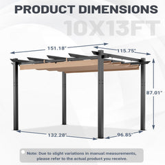 EROMMY Retractable Pergola 10x13 Ft, Outdoor Aluminum Shelter with Dual Adjustable Sun Shade Canopy for Patio Backyard, Locking System Includes Straps & Screws (Khaki)