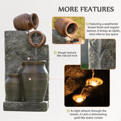EROMMY 29.9"Tall Outdoor Solar Power Water Fountain - Resin Pottery Cascade Garden Water Fountain with LED Lights Effect  for Patio Deck Yard Home,Brown