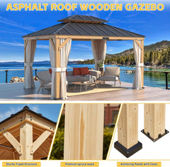 EROMMY 11‘ x 13‘ Hardtop Gazebo, Solid Spruce Wood Gazebo with Waterproof Asphalt Roof, for Lawns, Beach, Patio, Garden