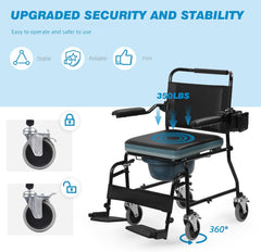 EROMMY Beside Commode Wheelchair with Padded Seat& Flips Up Armrests, Multi-Function Transport Commode Chair for Toilet, Black