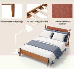 EROMMY Queen Bed Frame, Solid Wooden Bed Frame with PU Leather Headboard, Platform Bed Mattress Foundation, Orange