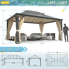 EROMMY 12'x16' Hardtop Gazebo, Permanent Outdoor Aluminum Patio Gazebo with Aluminum Composite Double Roof for Patio and Garden, Curtains and Netting