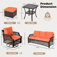 EROMMY 2 Piece All-Weather Outdoor Wicker Ottoman, Patio Footrest & Extra Seat with Thick Cushion (Orange)