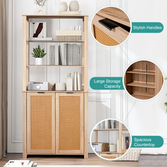 EROMMY Rattan Bookcase with cabinet, Heavy Duty Freestanding Bookcase With Storage Open Display, Beige