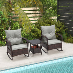 EROMMY 3 pcs Rocking Bistro Set, Outdoor PE Rattan Rocking Chairs with Tempered Glass Coffee Table, Gray