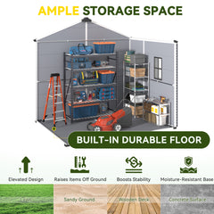 8x6 FT Outdoor Storage Shed, Weather-Resistant Shed with Lockable Double Doors & Built-In Floor, Sloped Roof Outdoor Shed for Backyard, Patio & Lawn, Gray