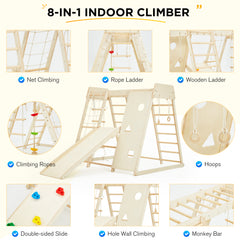 EROMMY 8-in-1 Wooden Climbing Toys, Indoor Playground Jungle Gym, Kids Playground Climbing Gym for Toddlers, with Slide, Monkey Bar, Climbing Wall, Wood & Rope Ladder