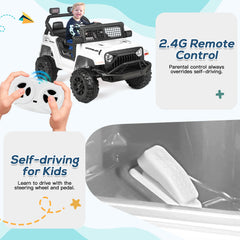 EROMMY Kids Jeep Car, 12V Ride on Electric Vehicles w/Parent Remote Control, 4WD SUV w/Safety Belt, Music and Lights, White