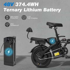 EROMMY Foldable Electric Bike, 2 Seat 14" Adults Ebike|500W |20MPH |30+Miles | Removable 48V 7.8Ah Battery,3 Riding Modes,Dual Disc Brakes, Black