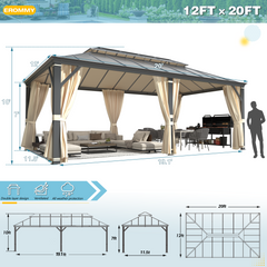 EROMMY 12'x20' Hardtop Gazebo, Permanent Outdoor Aluminum Patio Gazebo with Aluminum Composite Double Roof for Patio and Garden, Curtains and Netting