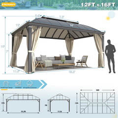EROMMY 12'x16' Hardtop Permanent Outdoor Aluminum Patio Gazebo, Double Roof for Patio Lawn and Garden, Curtains and Netting Included