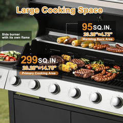 EROMMY Upgraded 60,000 BTU Stainless Steel Burner Barbecue Grill, 6 Burner BBQ Propane Gas Grill with Side Stove & Cast Iron Grates for Patio, Camping, Outdoor Cooking
