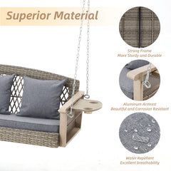 EROMMY 3 Seats Porch Swing Hanging Bench Swing Lounge Front Rattan Swing for Garden, Balcony, Gray