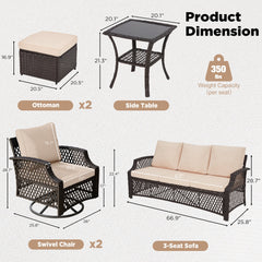 EROMMY 5 Piece Patio Furniture Set, Outdoor Wicker Swivel Chair Set with Ottomans and Side Table (Khaki)