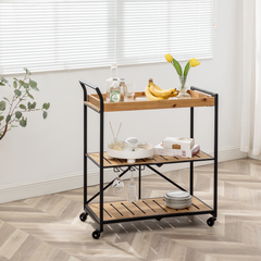 EROMMY 3-Tier Folding Kitchen Serving Cart on Lockable Wheels with Glass Holders, Rustic Brown