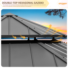 EROMMY 15' x 15' Hardtop Gazebo, Outdoor Aluminum Hexagon Gazebos with Galvanized Steel Roof for Patio, Backyard, Deck and Lawns