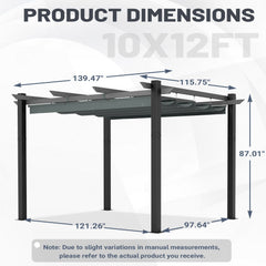 Dimensions of a 10x12ft pergola structure with measurement labels.