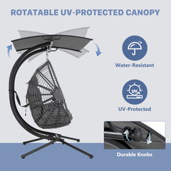 EROMMY Double Egg Chair with Canopy, Comfortable Woven Rattan Base with Thick UV Resistant Cushions and Metal Frame, Porch Swing Loveseat for Backyard