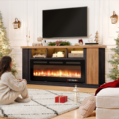 EROMMY Traditional 70 Inch Fireplace TV Stand with 16 Color Light Strip, Oak