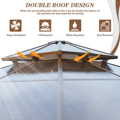 EROMMY 12'x12' Patio Hardtop Gazebos Double Roof Aluminum Pergola w/ Netting & Curtains