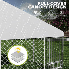 EROMMY 13x13ft Large Outdoor Dog Kennel, Waterproof Cover and Rotating Feeder, Galvanized Steel Metal with Lockable Door
