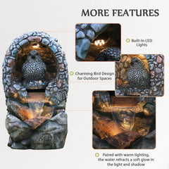 EROMMY Outdoor Water Fountain - Rock-Hollow Bird Outdoor Waterfall Fountain with LED Lights Effect for Patio Deck Yard Home,Gray