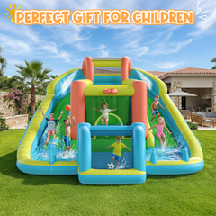 EROMMY Inflatable Bounce House with Double Slide, Bouncy Castle for Kids 3-12 with Blower, Water Cannon, Football Net, Jumping, Climbing Wall, Basketball Hoop, Backyard Water Park for Kids
